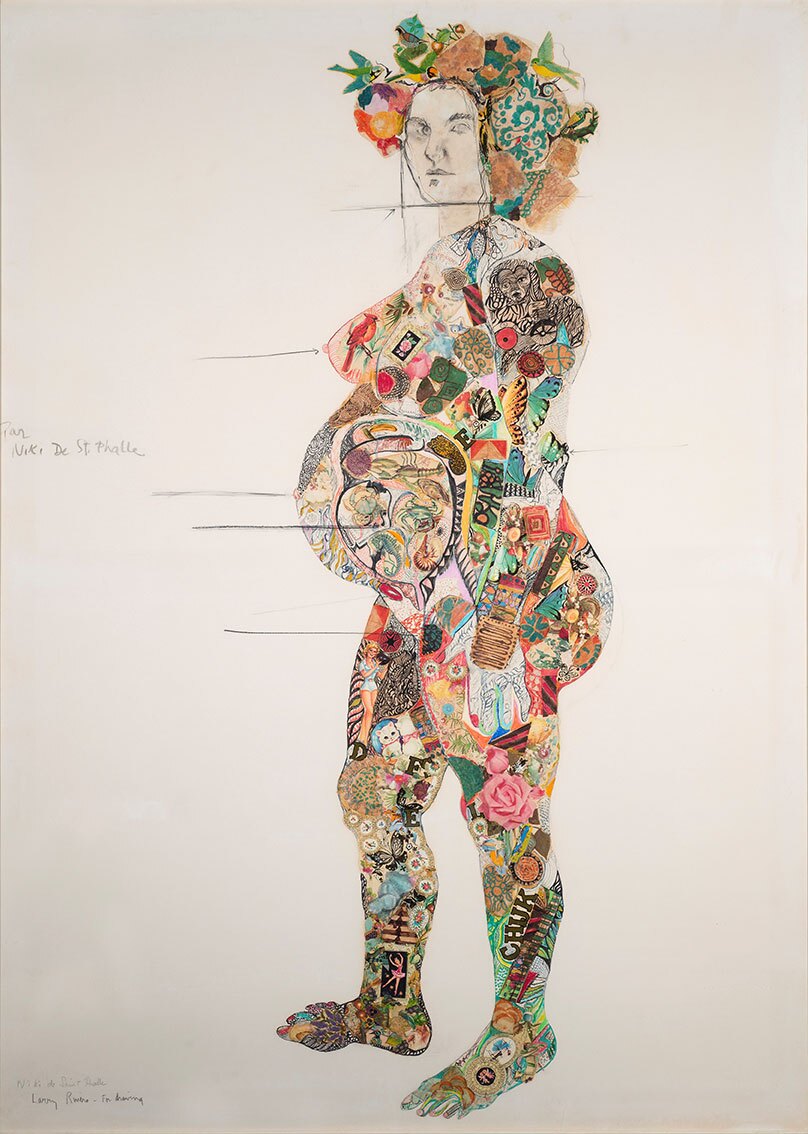 Niki de Saint Phalle and Larry Rivers, "Portrait of Pregnant Clarice Rivers," a 1964–65 work of collage, color pencils, pastel, graphite and ink on paper.