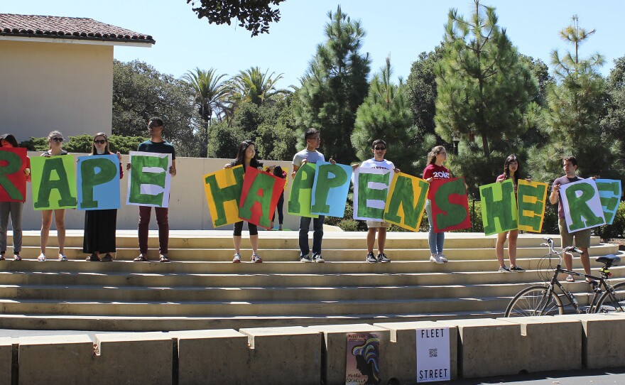 Stanford has found itself in a string of high-profile sexual assault cases. During a demonstration last September, students held a sign about rape at the university's White Plaza during new student orientation.