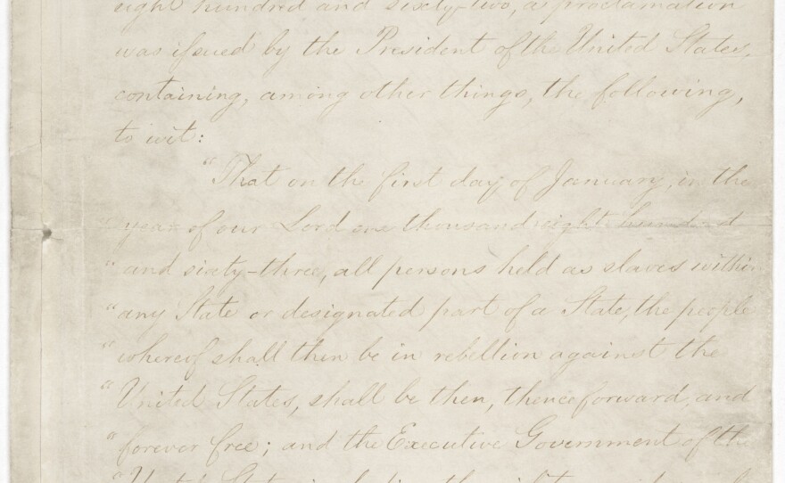 The first page of the Emancipation Proclamation on display at the National Archives in Washington, D.C.