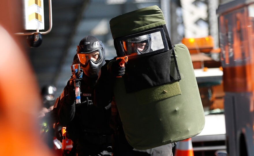 Members of the San Leandro Police Department SWAT Team during a planned training exercise in 2013. The FBI has been monitoring "swatting" — made-up crimes called in to 911 that are designed to get SWAT teams to deploy — for nearly 10 years.