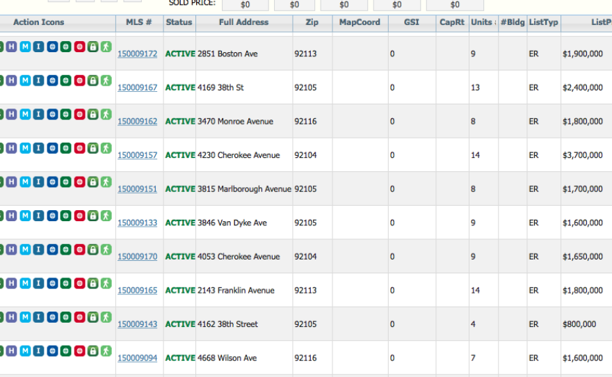 A screenshot from a database for San Diego Realtors shows listings of Bankim Shah's apartment buildings, Feb. 20, 2014.