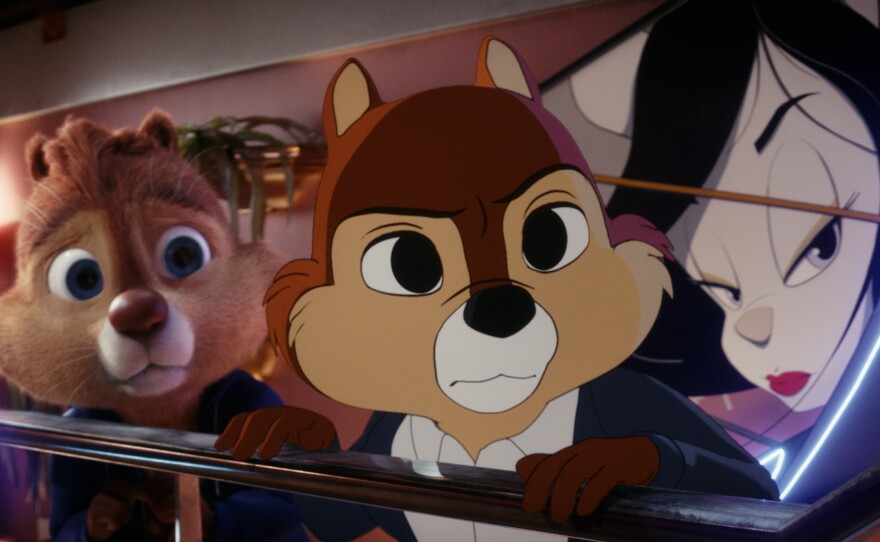 Dale (voiced by Andy Samberg) and Chip (voiced by John Mulaney) in<em> Chip 'N Dale: Rescue Rangers</em> on Disney+.