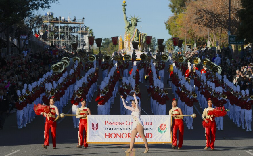 In this Jan. 1, 2020, file photo, The Pasadena City College marching band performs at the 131st Rose Parade in Pasadena, Calif.