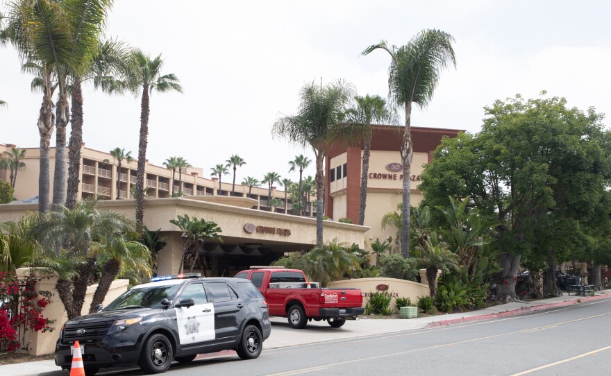 The Crowne Plaza hotel in Mission Valley, which the county is using as an isolation center for people with COVID-19 symptoms who have no other place to go, is shown on May 1, 2020.