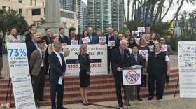 San Diego business, civic and water leaders join together at the San Diego County Administration building to oppose a proposed state water tax, May 23, 2018.