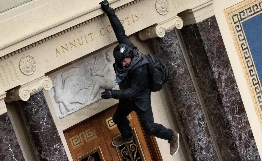 A rioter identified in court documents as Josiah Colt of Meridian, Idaho, jumps from the public gallery to the floor of the Senate chamber on Jan. 6, 2021. Colt has pleaded guilty to one felony count.