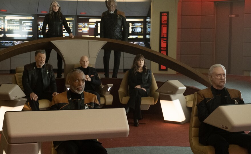 Gates McFadden, Michael Dorn, (back), Jonathan Frakes, Patrick Stewart and Marina Sirtis (middle), and LeVar Burton and Brent Spiner (front) in <em>Star Trek: Picard.</em>