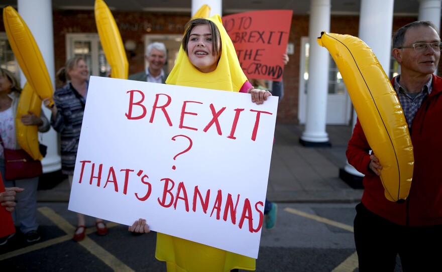 Anti-Brexit supporters dressed as bananas protest outside a racecourse in York, England. "It is absolutely crazy that the EU is telling us what shape our bananas have got to be," says Brexit's foremost cheerleader, Boris Johnson, the former mayor of London, invoking one of the oldest and most persistent tall tales about EU bureaucracy.