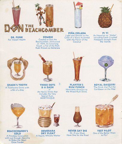 A menu of Tiki-era cocktails from Don the Beachcomber.