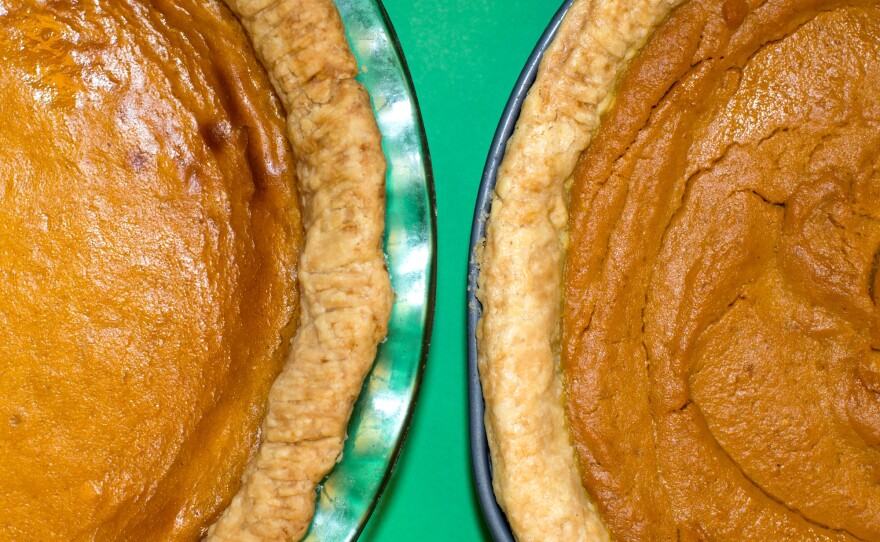 The pie on the left was made with cream cheese and squash; the pie on the right was made with canned pumpkin.