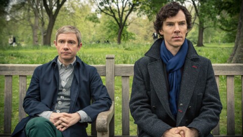 Martin Freeman as John Watson and Benedict Cumberbatch as Sherlock Holmes.