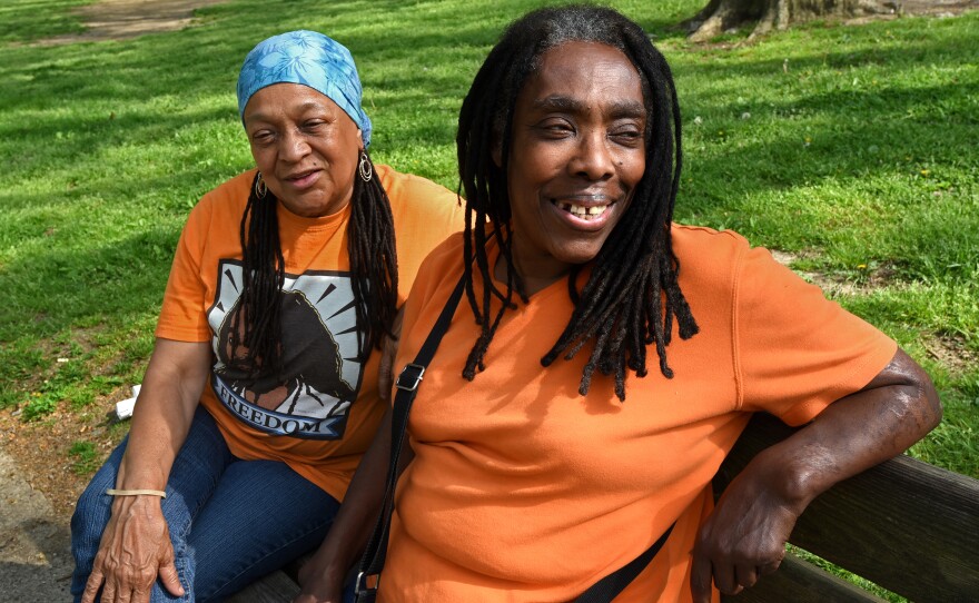 In Philadelphia's Clark Park, MOVE members Pam Africa (left) and Ramona Africa.