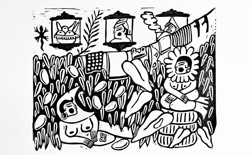 A linoleum print by artist Ale de Hoyos is on view at Mabel's Gone Fishing in North Park through April 22, 2025.