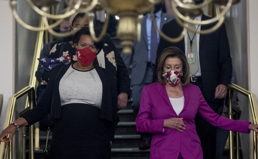 House Speaker Nancy Pelosi and District of Columbia Mayor Muriel Bowser arrive for a press  conference on D.C. statehood Tuesday, June 16, 2020.