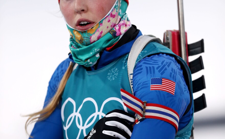 Biathlete Maddie Phaneuf of the United States trains during previews ahead of the Pyeongchang 2018 Winter Olympic Games on February 6, 2018.