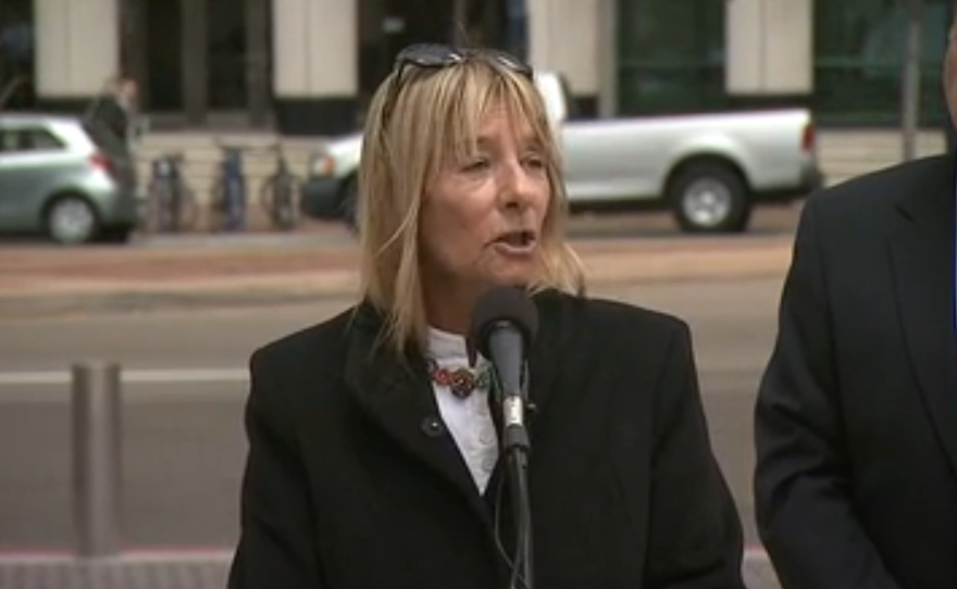Former San Diego City Councilwoman Donna Frye address the media, May 6, 2014.