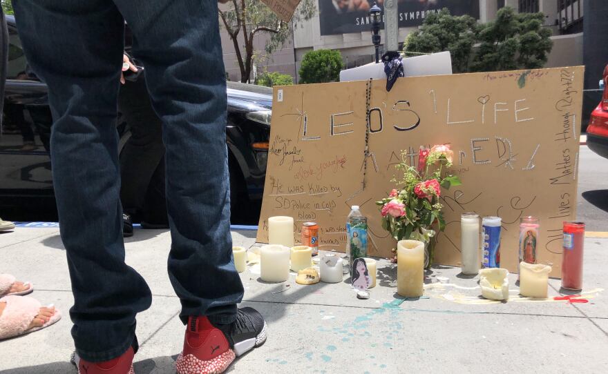 Protesters gathered on Sunday afternoon in the area of Sixth Avenue and A Street following an officer-involved shooting in the area on Saturday night. The shooting victim, 25-year-old Leonardo Hurtado Ibarra who was wanted for robbery, was in a local hospital Sunday afternoon with life-threatening injuries.