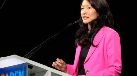 Jane Kim speaks at the 2026 California Democratic Party State Convention in San Francisco, Saturday, Feb. 21, 2026.
