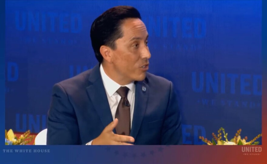 San Diego Mayor Todd Gloria speaks at a panel discussion, part of the United We Stand Summit at the White House on September 15, 2022.