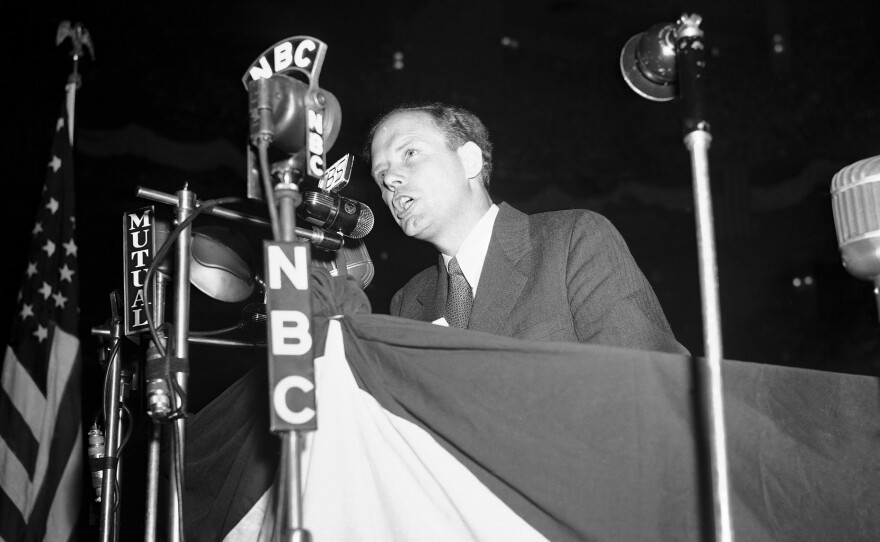 Charles Lindbergh speaks at a rally of the America First Committee at Madison Square Garden in New York, on May 23, 1941. Lindbergh was a leading voice of opposition to U.S. involvement in World War II up until the Japanese attack on Pearl Harbor.
