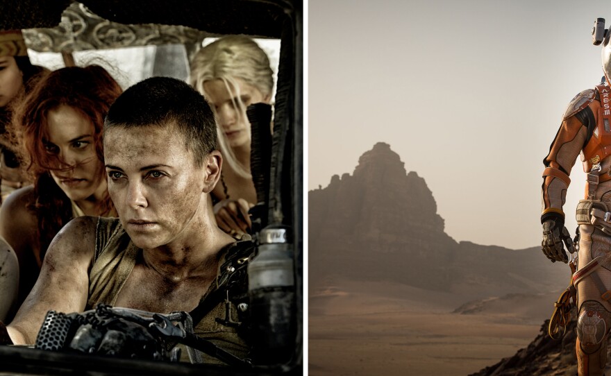 (Left) Nicholas Hoult, Courtney Eaton, Riley Keough and Charlize Theron in <em>Mad Max: Fury Road</em>. (Right) Matt Damon in <em>The Martian</em>.