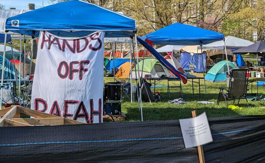 Cornell University divestment protestors set up this encampment on the University's Arts Quad.