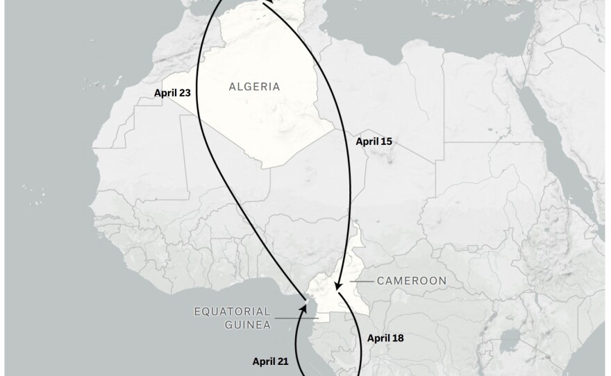 A map showing the pope's planned travel through Africa.
