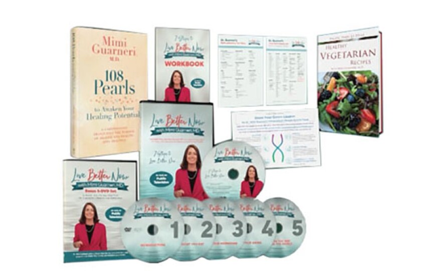 Give at the $240 level and receive the combo package featuring the program DVD; a 5-DVD set; Jump Start Grocery List; Basic Lab Test Menu, “108 Pearls to Awaken Your Healing Potential” book; Recipe Book; Workbook; and Genetic Testing Discount Coupon. This gift includes a KPBS License Plate Frame (if you're a new member). Also enjoy access to KPBS Passport. The program DVD only is at the $120 level.