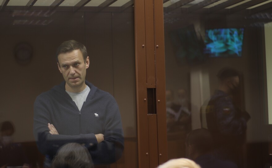 In this photo provided by the Moscow Court Press Service, Russian opposition leader Alexei Navalny appears in court on Friday. Russia is threatening to cut ties with the European Union if the bloc imposes sanctions over Navalny's arrest.