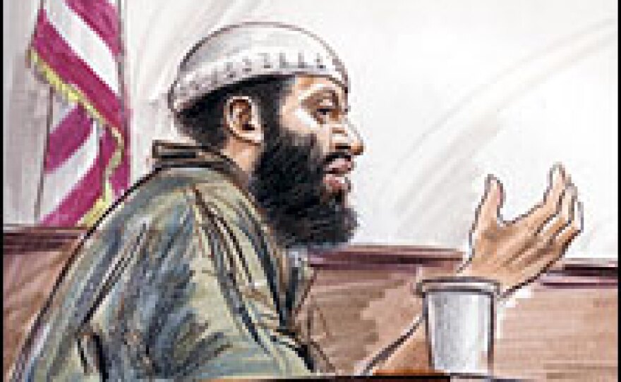 A courtroom drawing shows avowed al-Qaida agent Zacarias Moussaoui testifying in Federal Court on March 27,  2006, in Alexandria, Va.