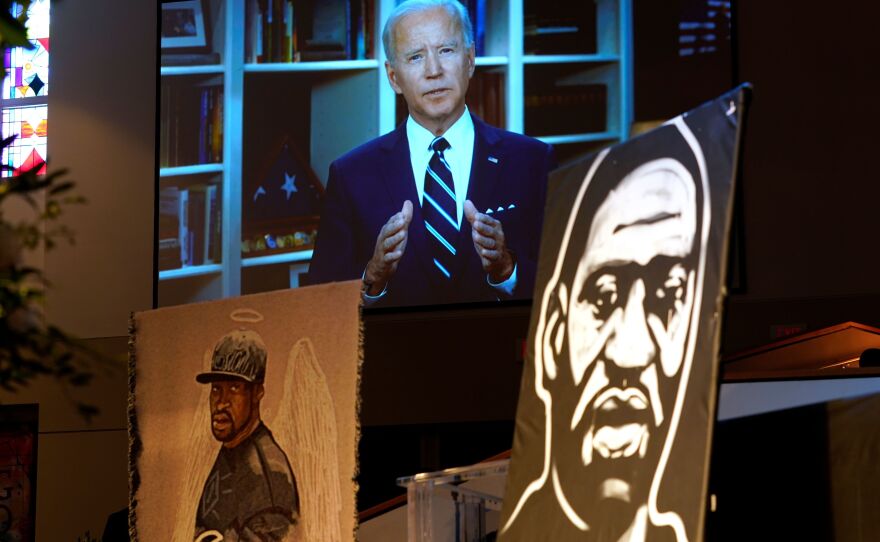 Democratic presumptive presidential nominee Joe Biden speaks via video at a funeral service for George Floyd in Houston on Monday.