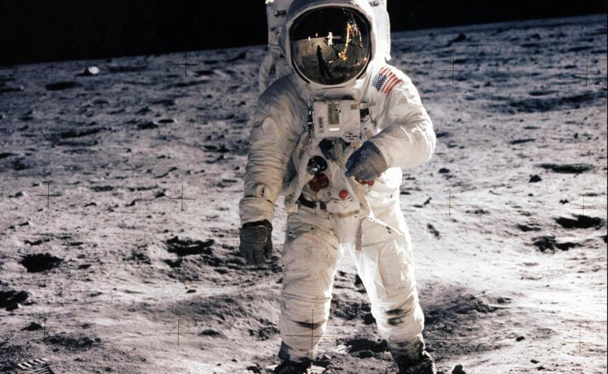 Astronaut Buzz Aldrin walks on the surface of the moon during the Apollo 11 extravehicular activity on July 20, 1969.
