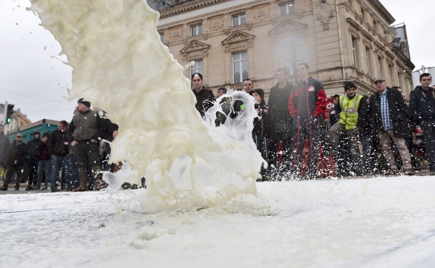 To protest against the falling prices of dairy and meat, farmers pour liters of milk in front of a prefecture in northwestern France in January.