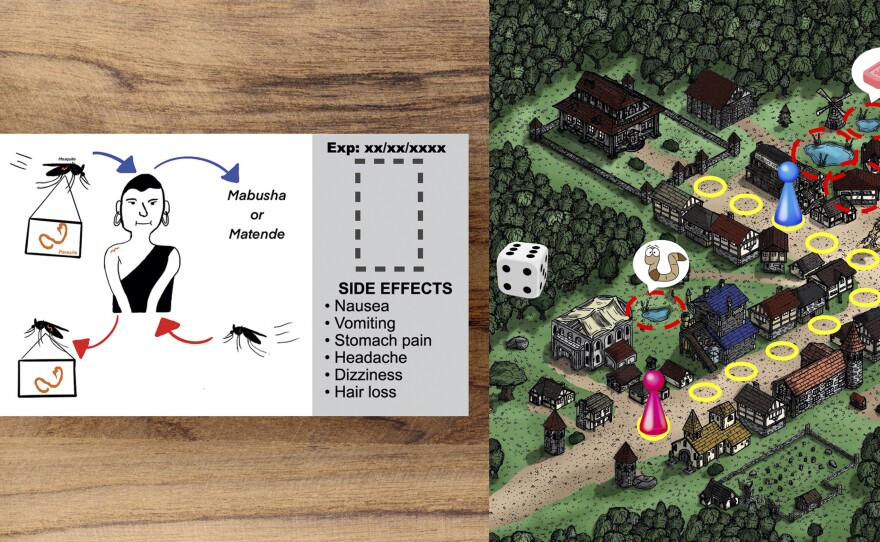 Students around the world were challenged to fight disease rumors in a 24-hour hackathon. From left: A proposed pill package featuring a Tanzanian comic character, designed by a team from Boston University. A board game to help teach kids about schistosomiasis created by students from Sharif University of Technology in Tehran, Iran, and the Complexity Science Hub in Vienna.
