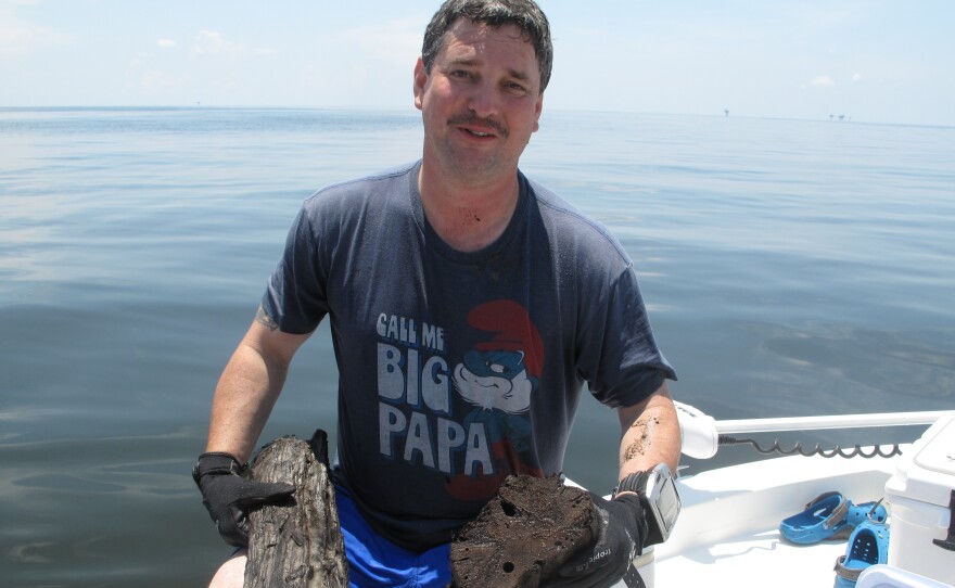 Ben Raines, an environmental reporter for AL.com, holds pieces of wood he collected from a cypress forest discovered in the depths of the Gulf of Mexico. A scientist says having an intact forest from the ice age is rare.