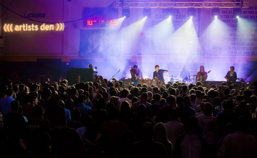 Laurent Brancowitz, Thomas Mars, Thomas Hedlund, Deck d'Arcy, Christian Mazzalai of the French band Phoenix. Inside the Anderson High School gym in Austin, Texas, Phoenix blasted through a set that included such fan favorites as “Lisztomania” and “Long Distance Call” and selections from their most recent album, "Bankrupt!"