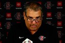 San Diego State football coach Brady Hoke at a news conference on Aug. 3, 2022.