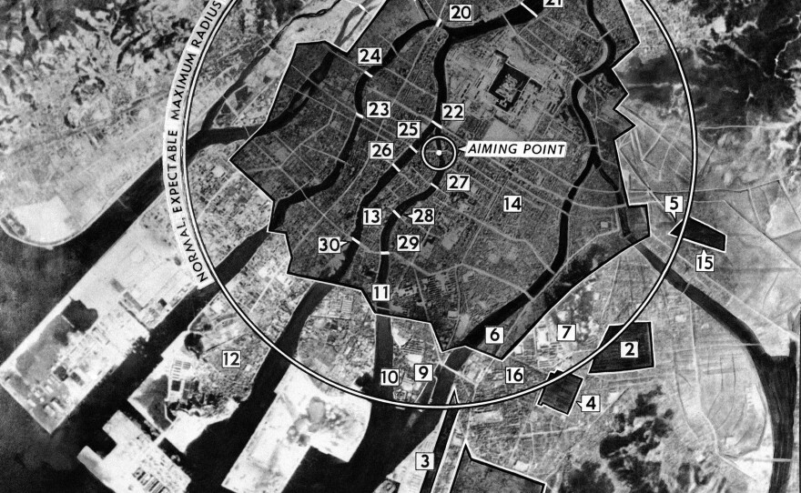This photo diagram shows the extent of the damage at Hiroshima. Shaded regions indicate the city's most devastated sectors.