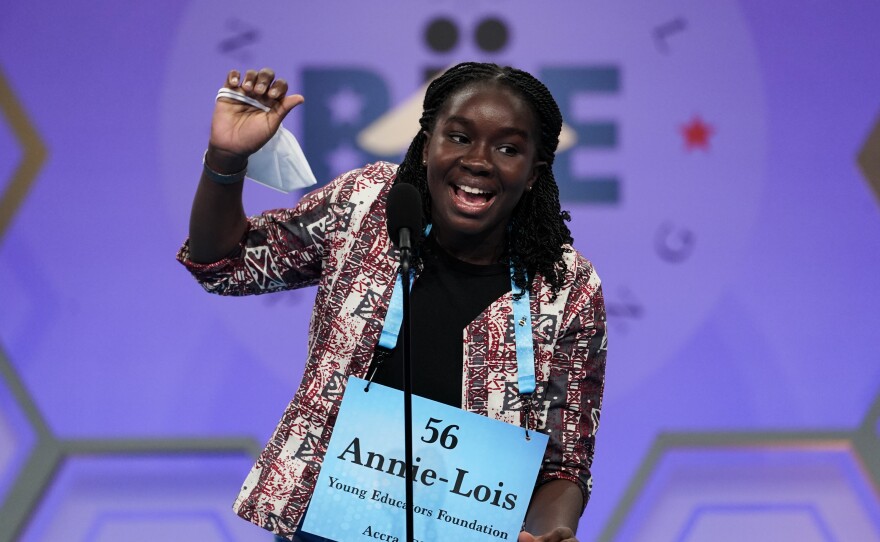 Annie-Lois Acheampong, 13, from Accra, Ghana, reacts during the Scripps National Spelling Bee on Tuesday in Oxon Hill, Md.