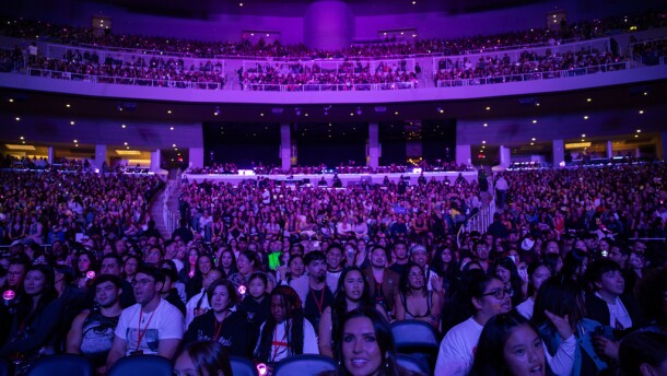 Concertgoers wait to watch the group KATSEYE perform on Friday, Dec. 12, 2025, at Youtube Theater in Inglewood, Calif.