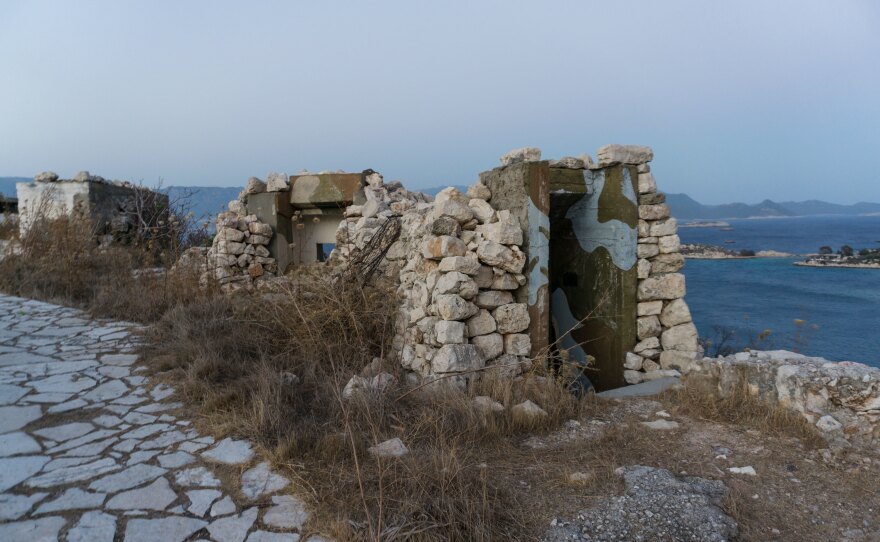 An empty military shelter on a hill of Kastellorizo that overlooks the Aegean and nearby Turkey.