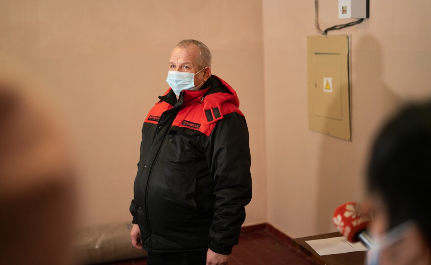 Yevhen Herasymov, chief of civil protection in the Dniprovskyi district of Kyiv, speaks to journalists in the bunker.