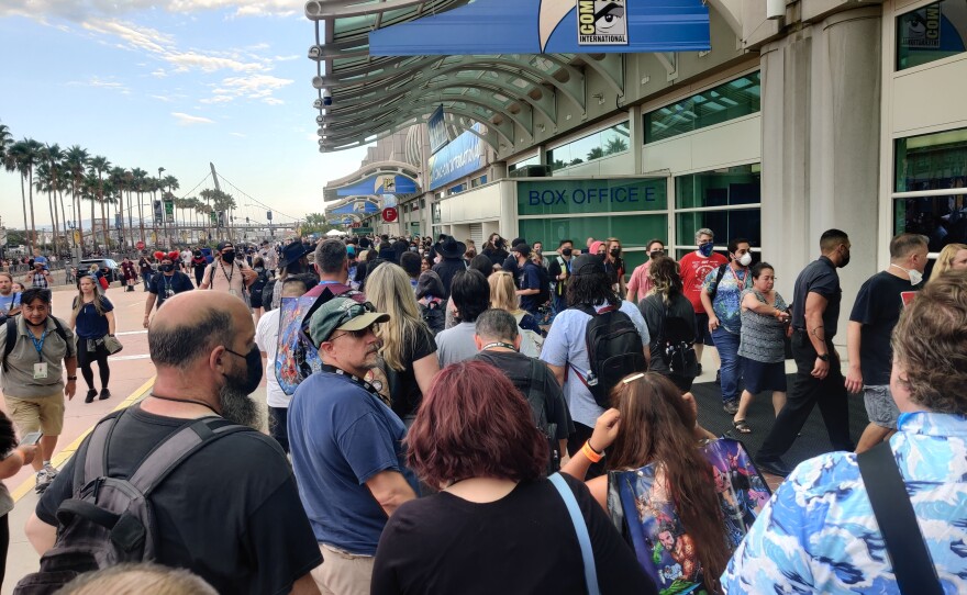 Attendees of San Diego Comic-Con International in front of the San Diego Convention Center. July 20, 2022.