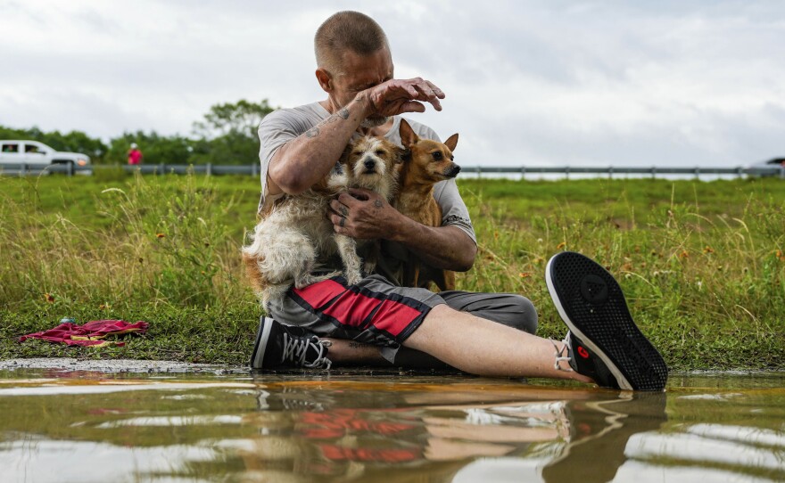 Tim McCanon sits on the road with his dogs after being rescued by the Community Fire Department during severe flooding on Friday in New Caney, Texas.