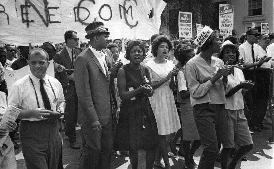 Civil rights protesters march from the Washington Monument to the Lincoln Memorial for the March on Washington on Aug. 28, 1963.