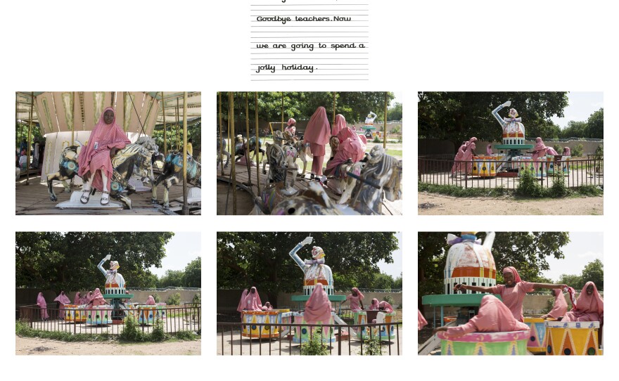 This sequence of six directed images show students from left: Aisha Ali Ibrahim (17), Aisha Abacha (17), Hadiza Mustapha (17), Amina Bashir (16), Zainab Musa Usman (19), Hadiza Alhaji bukar (17), Fatima bulama (18), Aisha Abubakar Aisami (17) and Ruth Andrews (18) of the school Shehu Sanda Kyarimi.