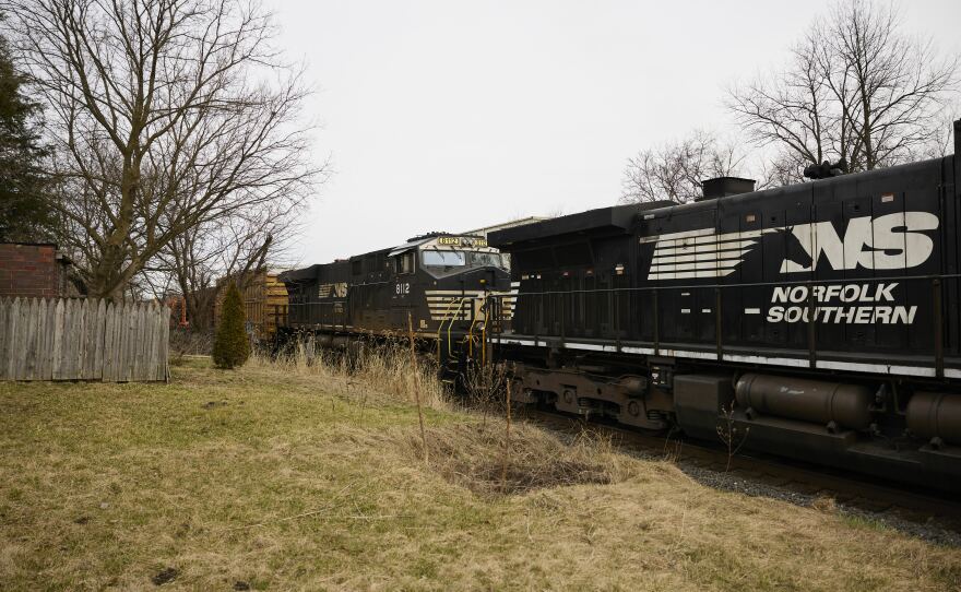 A Norfolk Southern train is en route on February 14, 2023 in East Palestine, Ohio.