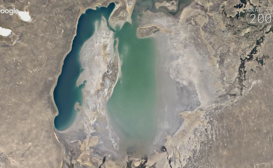 Google Earth's time-lapse videos show see how the planet's surface has changed over time — like the evaporation of the Aral Sea (above).