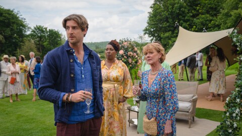 Shown L-R: Tristram Bailey (Tom Stourton), Suzie Harris (Jo Martin), Judith Potts (Samantha Bond) in MASTERPIECE: THE MARLOW MURDER CLUB, Season 2.  