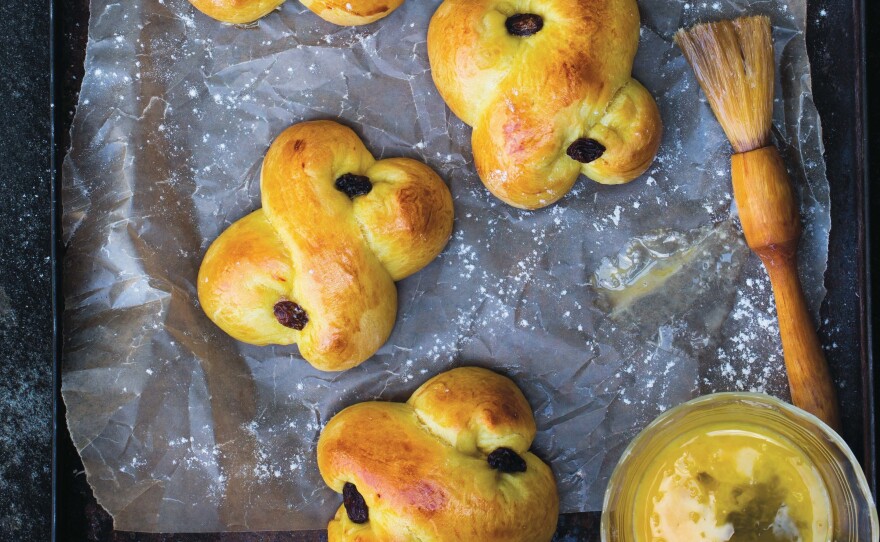 In December, saffron buns are baked into many different symbolic shapes that have roots in both Christian and pagan practices.